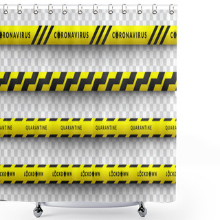 Personality  Set Vector Design Of Corona Virus Danger Warning In Yellow And Black Stripes. Isolated With A Transparent Background. Limiting The Area Of Virus, Quarantine, Lockdown. Biohazard Sign. Shower Curtains