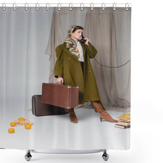 Personality  Fashionable Woman With Vintage Suitcase Calling On Telephone Near Books And Oranges On Grey Draped Background Shower Curtains