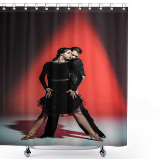 Personality  Elegant Young Couple Of Ballroom Dancers In Black Outfits Dancing In Red Light Shower Curtains