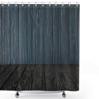 Personality  Dark Grey Wooden Table And Dark Blue Wooden Wall Shower Curtains