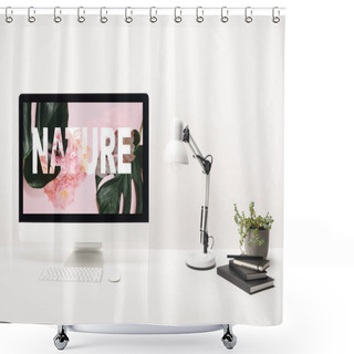 Personality  Computer With Green Monstera Leaves And Roses With Nature Lettering On Monitor On White Background Shower Curtains