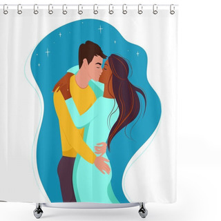 Personality  Multiracial Couple, White Guy Kisses A Black Girl. Two Lovers, Vector Illustration In Flat Style, Cartoon Shower Curtains