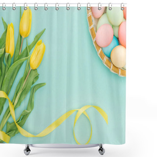 Personality  Top View Of Yellow Tulips With Ribbon And Easter Eggs In Wicker Plate Isolated On Blue  Shower Curtains