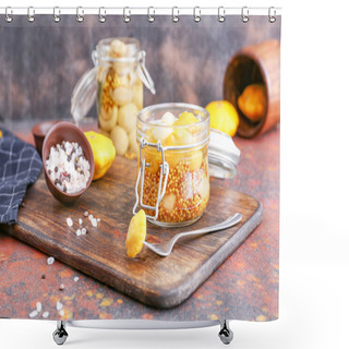 Personality  Jar With Canned Squashes On Table Shower Curtains