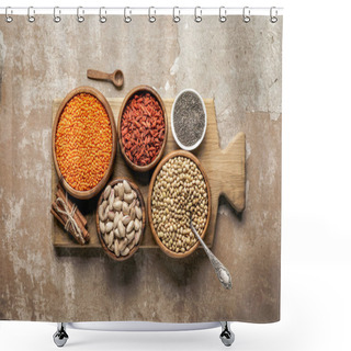 Personality  Top View Of Wooden Board With Legumes, Goji Berries And Healthy Ingredients With Rustic Background Shower Curtains