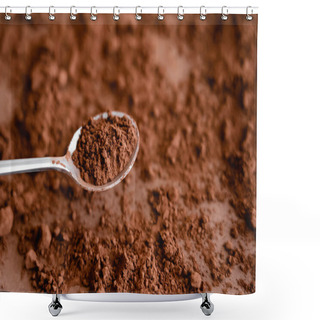 Personality  High Angle View Of Cocoa In Spoon And On Brown Background  Shower Curtains