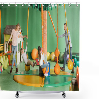 Personality  Smiling Parents Looking At Happy Children Swinging On Swings In Entertainment Center   Shower Curtains