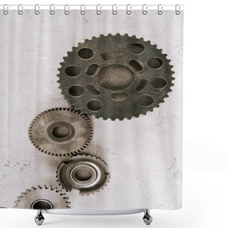 Personality  Top View Of Aged Metal Round Gears On Grey Background Shower Curtains