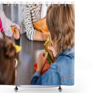 Personality  Selective Focus Of Schoolboy Holding Sandwich With Lettuce Near Classmates In School Canteen Shower Curtains