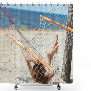 Personality  Attractive Girl Relaxing In Hammock On Beach Shower Curtains