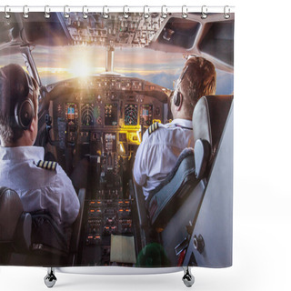 Personality  Pilots In The Cockpit During A Flight With Commercial Airplane. Shower Curtains