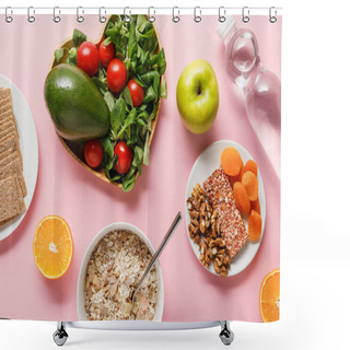 Personality  Top View Of Fresh Diet Food And Water On Pink Background Shower Curtains