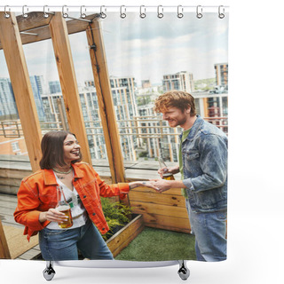 Personality  A Man And A Woman Standing On A Roof, Gazing At The Horizon Together, Symbolizing Unity, Love, And The Beauty Of Shared Experiences Shower Curtains