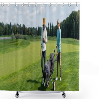 Personality  Asian Senior Man Walking With Golf Cart Near Wealthy African American Friend, Banner Shower Curtains