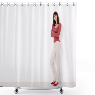 Personality  Woman Against A White Wall Shower Curtains