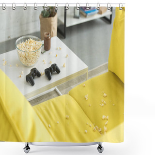 Personality  Glass Bowl With Popcorn And Joysticks On Table, Yellow Sofa In Living Room Shower Curtains