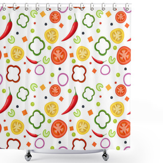Personality  Seamless Pattern On White Background With Vegetables. Red And Yellow Tomatoes, Paprika, Hot Peppers, Onions, Green Peas And Celery. Vector Illustration. Shower Curtains