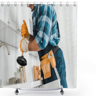 Personality  Cropped View Of Handyman With Tool Belt Holding Plunger In Kitchen  Shower Curtains