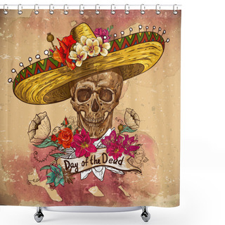 Personality  Skull In Sombrero With Flowers Day Of The Dead Shower Curtains