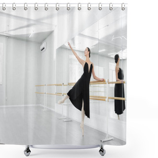 Personality  Graceful Woman In Black Dress Rehearsing Near Mirrors In Ballet Studio Shower Curtains