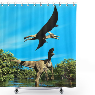 Personality  Velociraptor And Pterodactyl 3d Rendering Shower Curtains