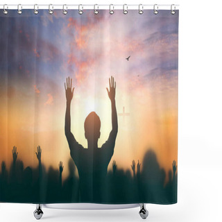 Personality  Worship Concept: Christian People Raise Hand Over Cross On Spiritual Sky Background Shower Curtains