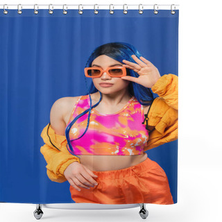 Personality  Fashion Statement, Young Female Model With Blue Hair Adjusting Trendy Sunglasses Isolated On Blue Background, Generation Z, Rebel Style, Colorful Clothes, Individualism, Modern Woman  Shower Curtains