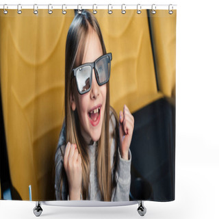 Personality  Panoramic Shot Of Exited Child In 3d Glasses Watching Movie In Cinema Shower Curtains