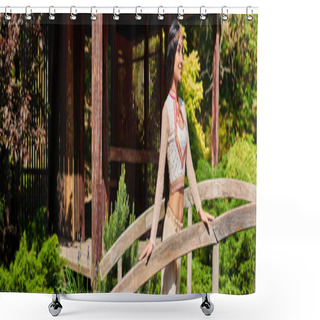Personality  Young Elegant Indian Woman In Authentic Clothes Standing On Wooden Bridge In Summer Park, Banner Shower Curtains