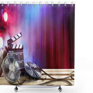 Personality  -Film Movie Background - Clapperboard And Film Reels In Theater Shower Curtains