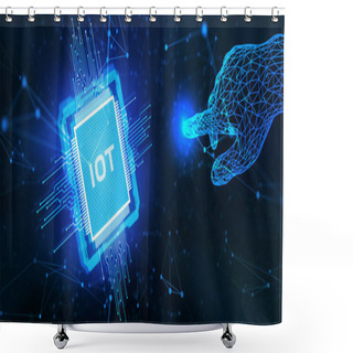Personality  Internet Of Things - IOT Concept. Businessman Offer IOT Products And Solutions. Young Businessman  Select The Abstract Chip With Text IoT On The Virtual Display. Shower Curtains