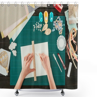 Personality  Cropped Image Of Woman Measuring Space For Postcard With Ruler Shower Curtains
