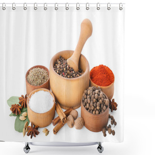 Personality  Mortar With Pestle And Different Spices On White Background Shower Curtains