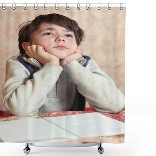 Personality  Little Preteen Boy Do His Homework Has Difficulties Shower Curtains