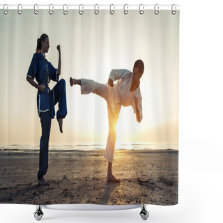 Personality  Couple Training In Martial Arts On The Beach  Shower Curtains