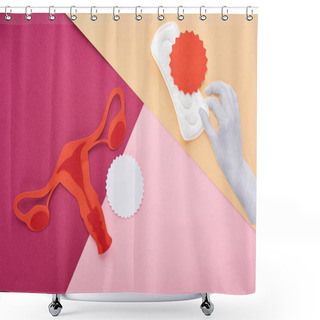 Personality  White Hand With Sanitary Towel Near Female Reproductive System And Empty Cards On Pink, Purple And Beige Background Shower Curtains