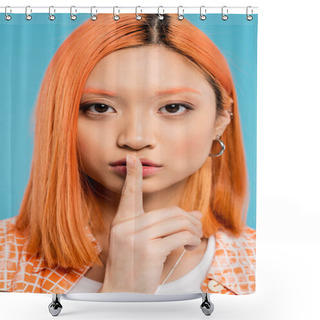 Personality  Hush, Young Asian Woman With Dyed Hair And Eyebrows Showing Shh, Holding Finger Over Lips On Blue Background, Looking At Camera, Secret, Silence Gesture, Be Quiet, Generation Z, Portrait  Shower Curtains