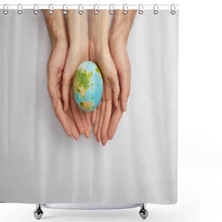 Personality  Top View Of Man And Woman Holding Planet Model On Grey Background, Earth Day Concept Shower Curtains