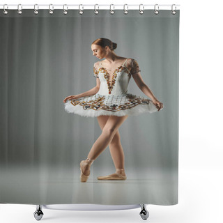 Personality  A Young Ballerina Moves Gracefully In A Stunning White And Gold Dress. Shower Curtains