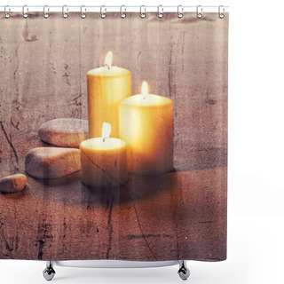 Personality  Textured Zen Still Life On Sand With Big Lighted Candles And White Stones For Retro Effect Shower Curtains
