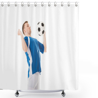 Personality  Young Soccer Player Hitting Ball With Chest Isolated On White Shower Curtains