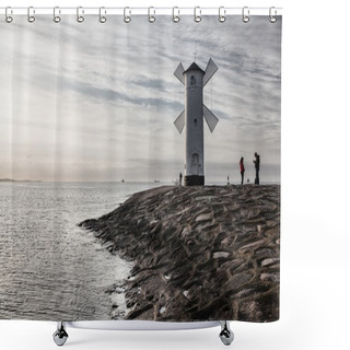 Personality  Lighthouse Windmill Stawa Mlyny, Swinoujscie, Baltic Sea, Poland. Shower Curtains