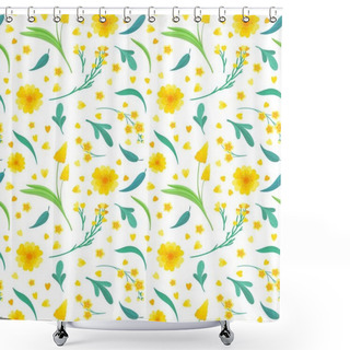 Personality  Yellow Flowers And Leaves Seamless Pattern. Blossoms Floral Decorative Backdrop. Blooming Spring Plants. Vintage Textile, Fabric, Wallpaper Design On A White Backgroun Shower Curtains