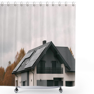 Personality  Closeup Of A Cozy Suburban House. Nestled Amidst Lush Greenery, The Intricate Design Of A House Window Stands Out Against The Backdrop Of A Dark Shingled Roof. Shower Curtains