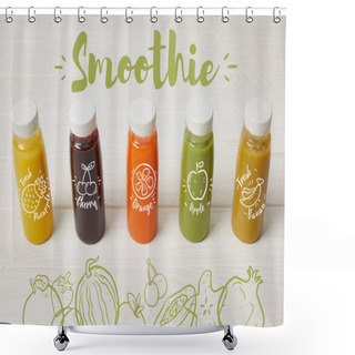 Personality  Fresh Organic Smoothies In Bottles Standing In Row On White, Smoothie Inscription Shower Curtains