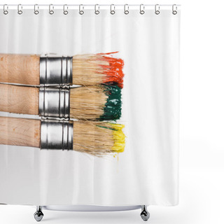Personality  Top View Of Paintbrushes With Colorful Paint On White Background Shower Curtains