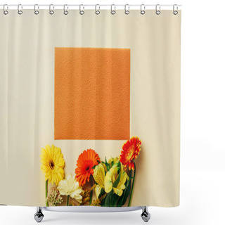 Personality  Flat Lay With Beautiful Flowers And Empty Orange Card Arrangement On Beige Backdrop Shower Curtains