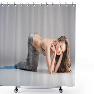 Personality  Attractive Woman With Mermaid Tail Leaning On Elbows And Looking At Camera Shower Curtains