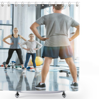 Personality  Young Woman And Cute Girl Exercising With Coach At Fitness Studio Shower Curtains