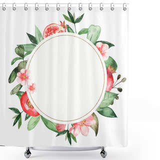 Personality  Pomegranates, Leaves, Flowers, Pomegranate Halves. Watercolor Round Frame Shower Curtains